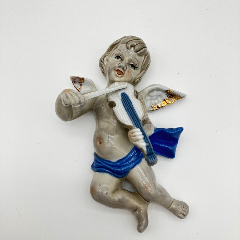 Vintage Goebel Hummel Ceramic Flying Cherub Wall Plaque Angel Violin AS IS